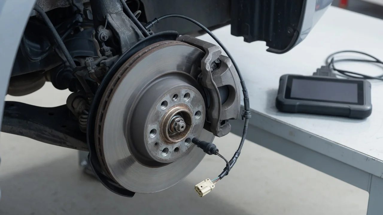 Wheel speed sensor wiring near a wheel hub with an ABS diagnostic scanner nearby
