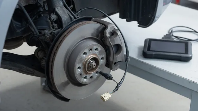 Wheel speed sensor wiring near a wheel hub with an ABS diagnostic scanner nearby