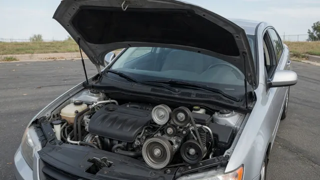Parked car with its engine off and hood open, showing the accessory belt and pulley area