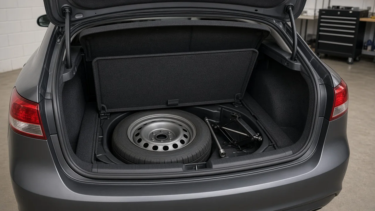 Compact spare tire, jack, and lug wrench stored in the spare tire well beneath a car's trunk floor