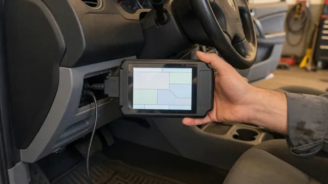 Handheld OBD-II scan tool plugged into a car's diagnostic port, reading a trouble code