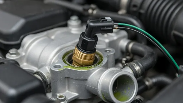 Close-up of an engine coolant temperature sensor mounted in a thermostat housing with its connector attached