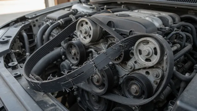 Close-up of frayed edges and damaged ribs on a serpentine belt with the engine off