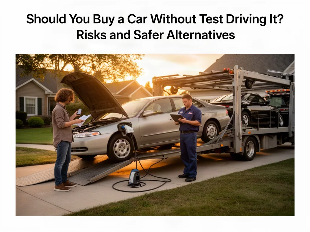 Buyer and mechanic inspecting a used car delivered to a home driveway before the purchase is finalized
