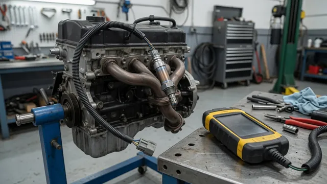 Upstream exhaust sensor with its wiring connector and a diagnostic scan tool nearby