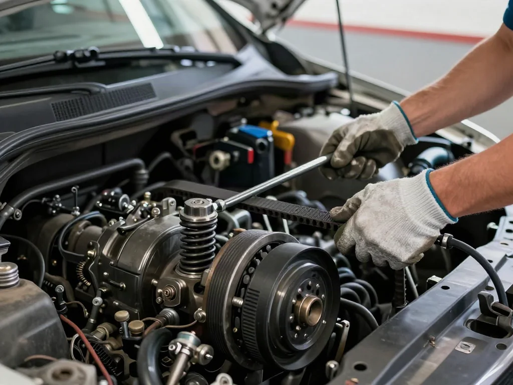 Hands releasing a belt tensioner with a breaker bar while installing a new serpentine belt in a car engine bay