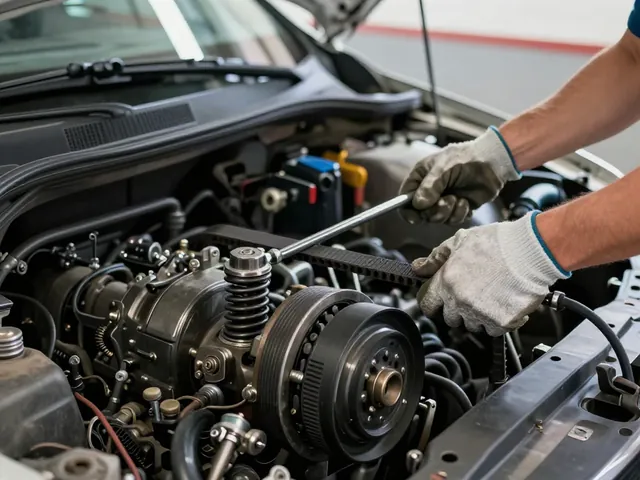 Hands releasing a belt tensioner with a breaker bar while installing a new serpentine belt in a car engine bay
