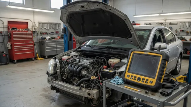 Diagnostic scan tool beside an open engine bay during a fuel trim fault inspection