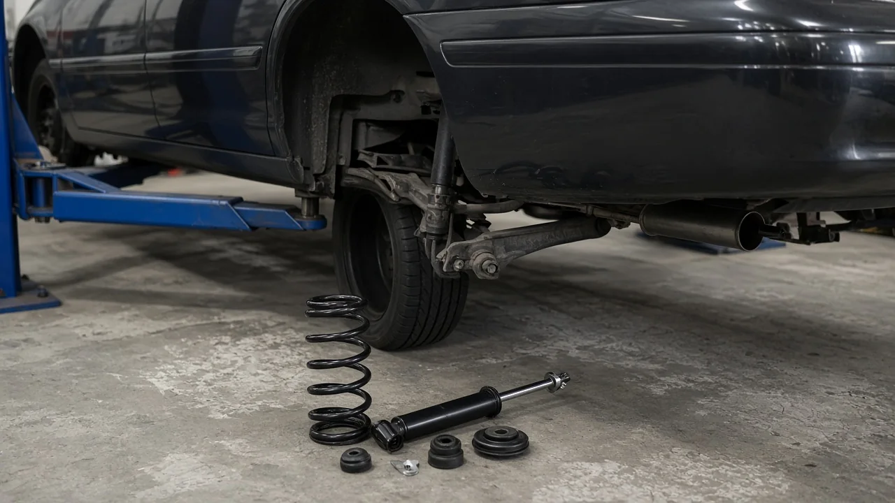 Rear suspension area of a full-size luxury sedan on a shop lift, with a coil spring conversion kit on a workbench