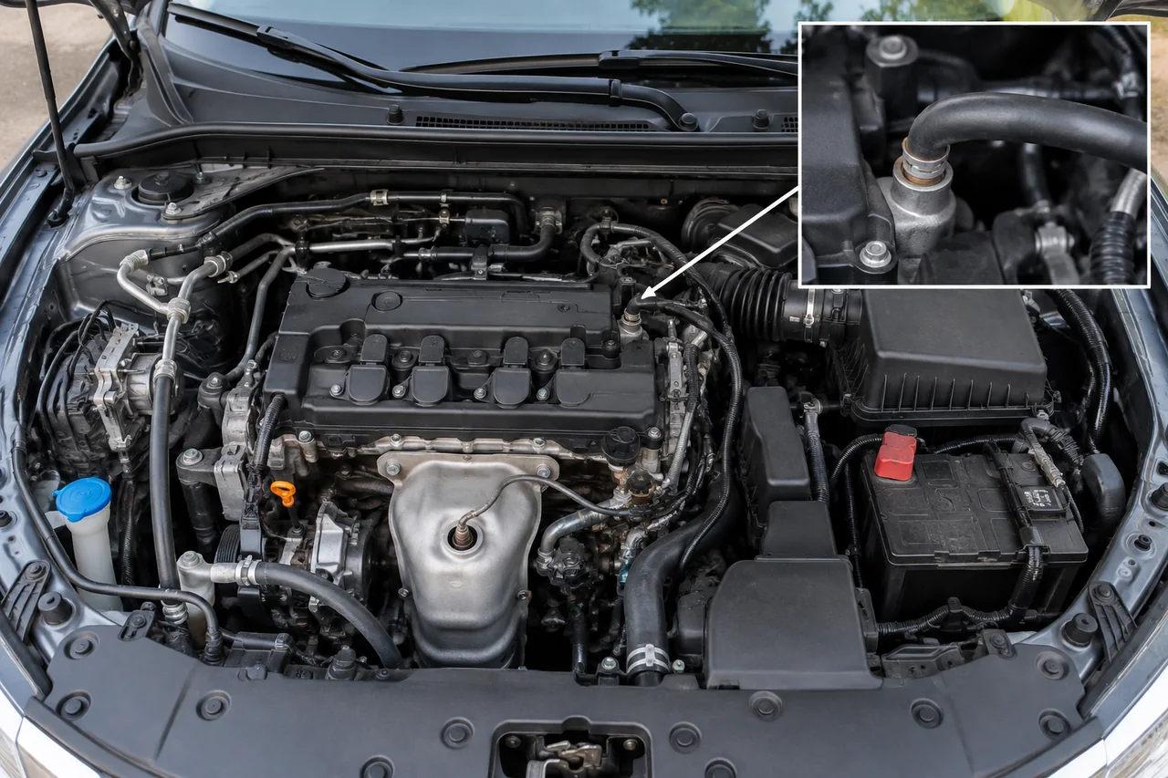 Honda Accord engine bay with the PCV valve and ventilation hose highlighted in a detail inset
