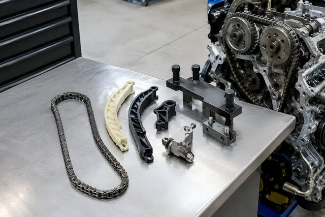 Timing chain assembly with guides, tensioner, and specialized engine timing tools on a clean workbench