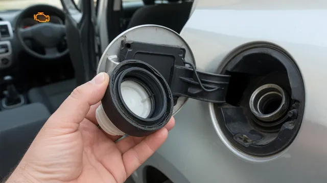 Hand inspecting a gas cap seal beside an open fuel filler neck, a common check for a P0455 EVAP large leak code