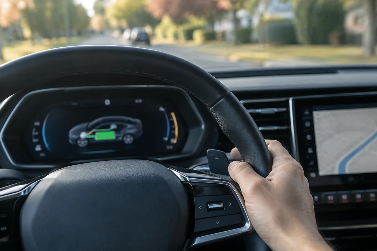 Driver's hand near a regen paddle on an electric SUV steering wheel, with an energy-flow display on the dashboard