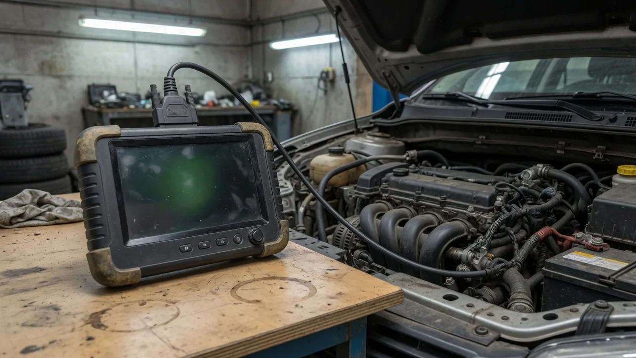 Diagnostic scanner displaying P1300 beside a parked vehicle with the engine off