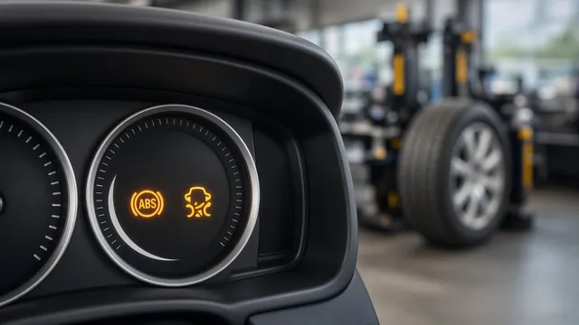 Amber ABS and traction control warning lights on a car dashboard after a tire change