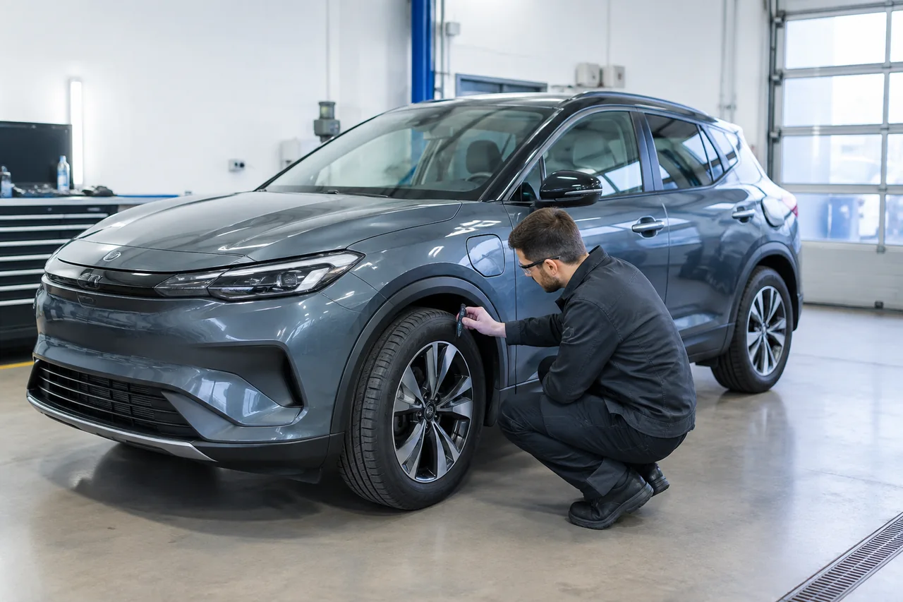 Technician checking tire tread on an electric vehicle parked in a service bay