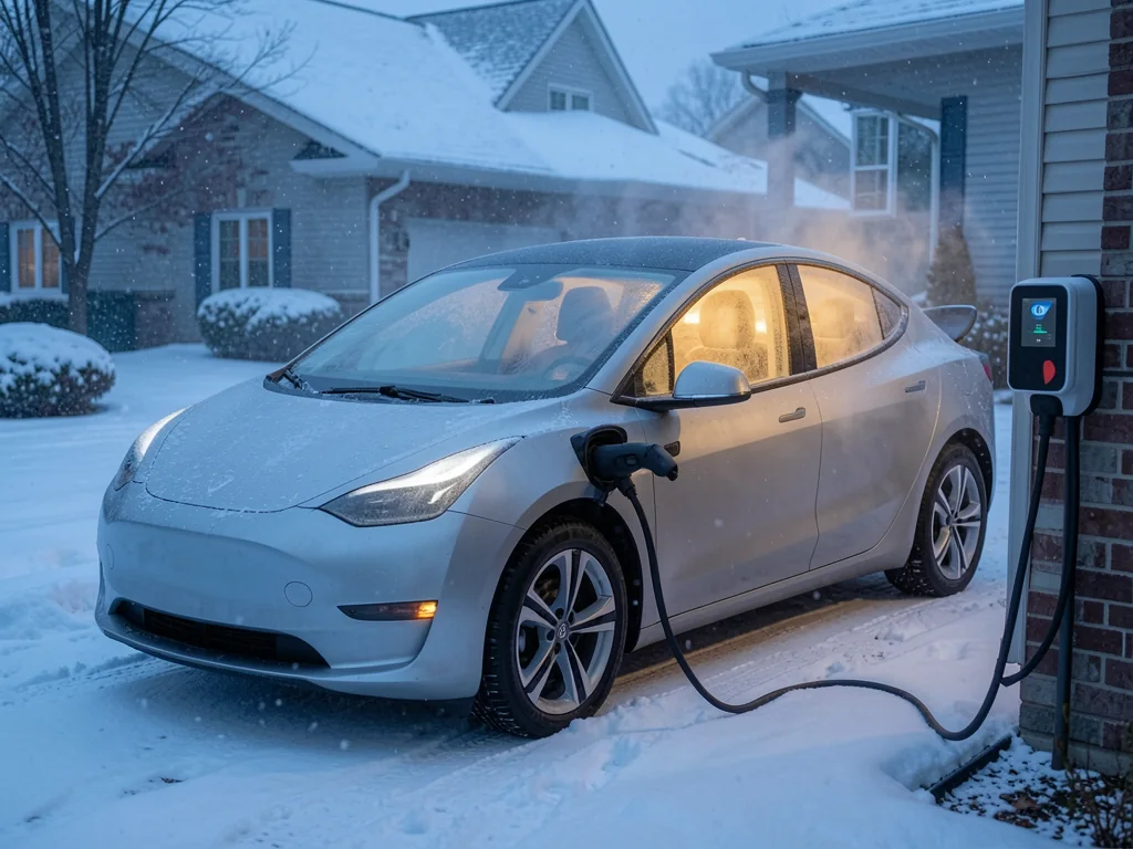 Electric car plugged into a home charger on a snowy driveway with its cabin warming before departure