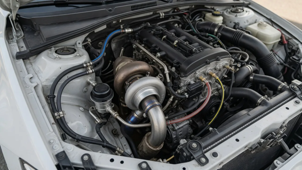 Turbocharger wastegate actuator, boost control solenoid, and connected hoses in an engine bay