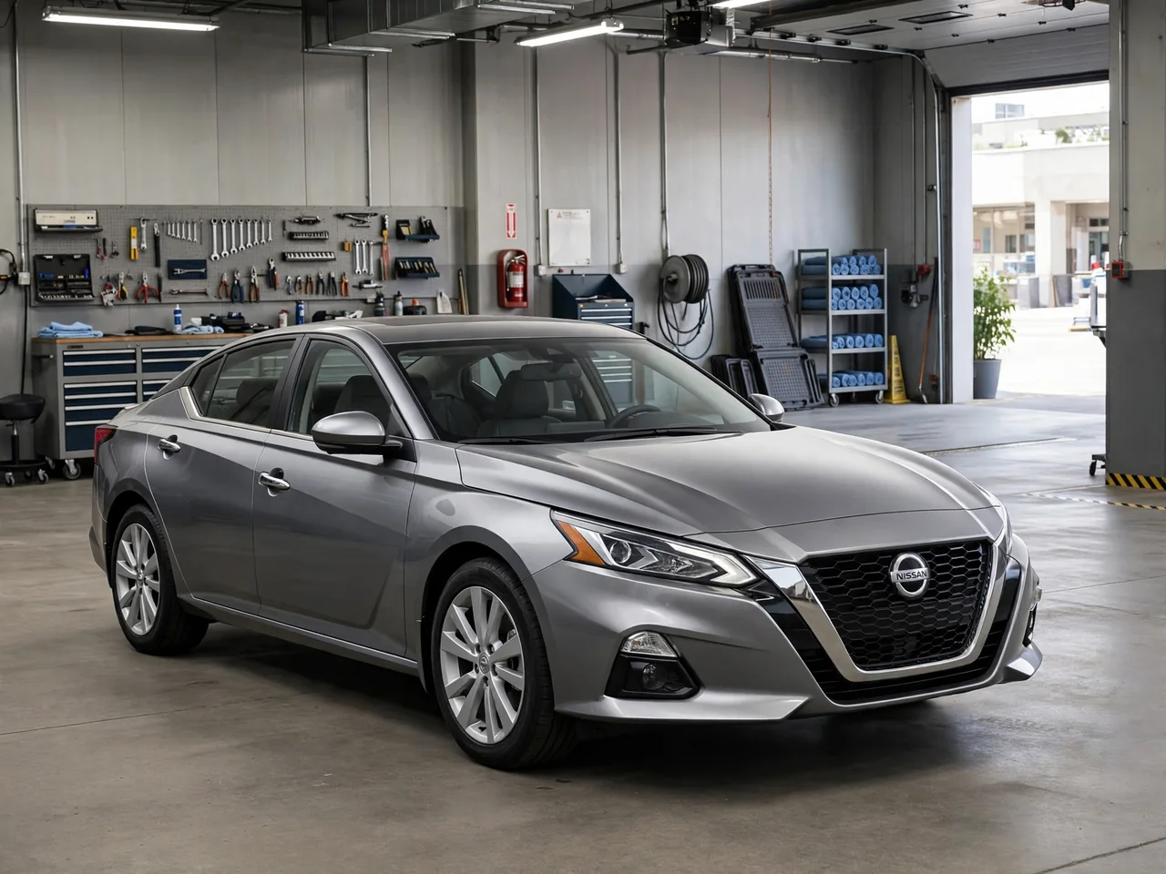 Nissan Altima parked in a clean service bay for a transmission fluid inspection