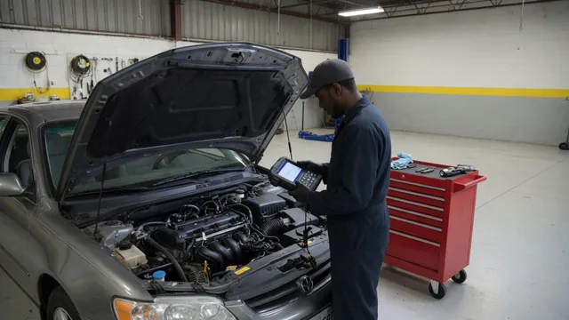 Technician reviewing control module fault codes on a scan tool beside a parked vehicle