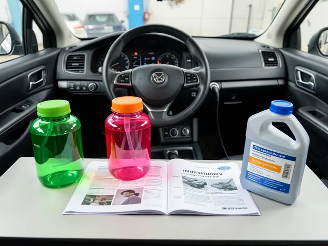 Sealed samples of green, orange, pink, red, and blue coolant beside an owner's manual