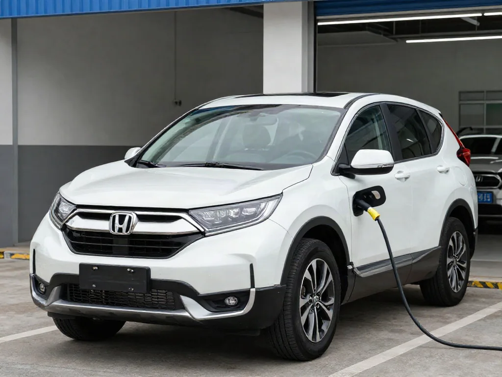 Honda CR-V Hybrid parked outside an automotive service center for a battery assessment
