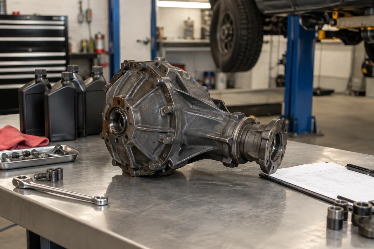 Acura rear differential housing with sealed fluid bottles and service paperwork in a clean automotive shop