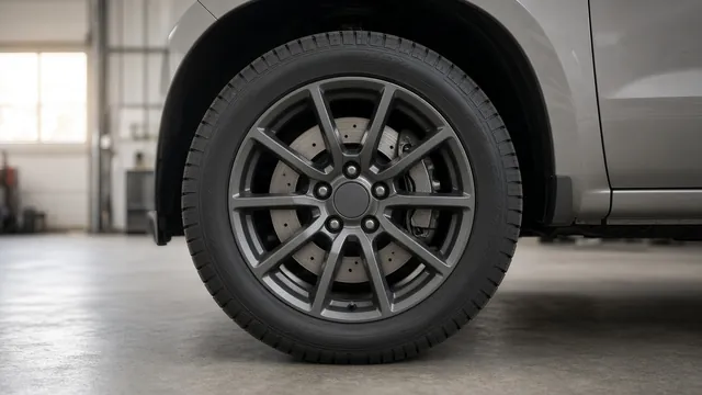Front wheel of a full-size pickup truck with the brake rotor and caliper visible through the spokes