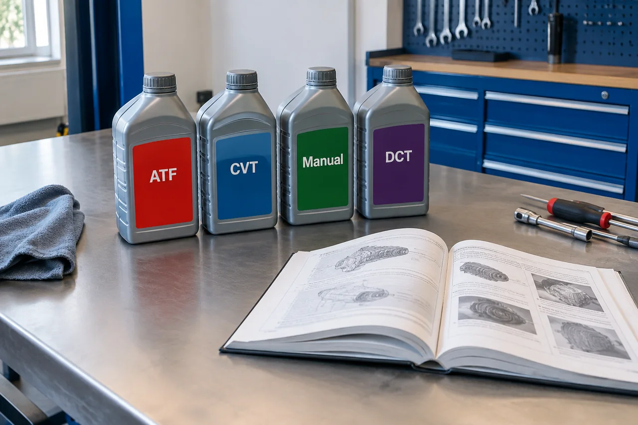 Labeled containers representing ATF, CVT, manual transmission, and DCT fluid on a workshop bench