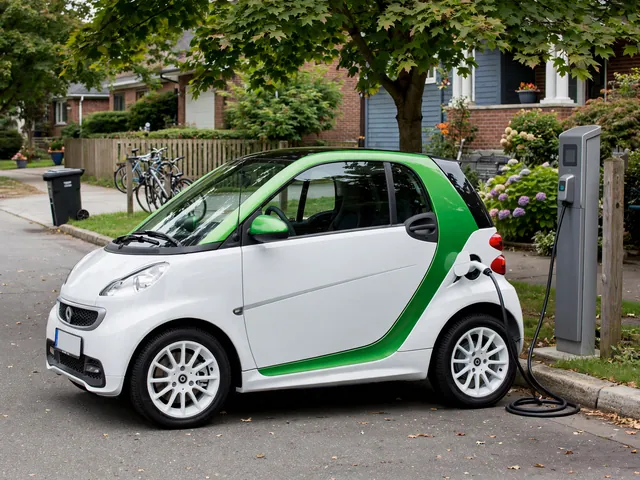 Smart Fortwo Electric Drive parked beside a charging station with its charging cable connected.