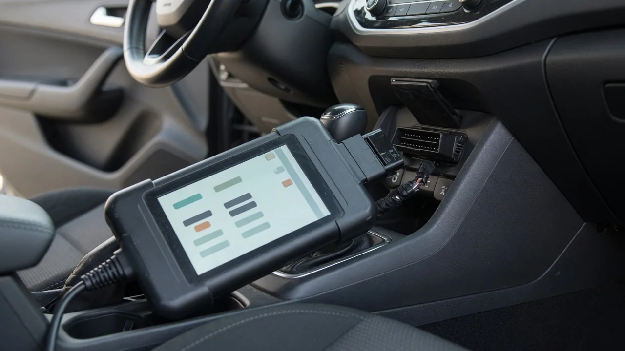OBD-II scan tool connected to a car's diagnostic port to read a manufacturer-specific P1738 trouble code