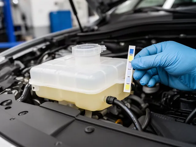Mechanic holding a moisture test strip next to a car's brake fluid reservoir to check fluid condition