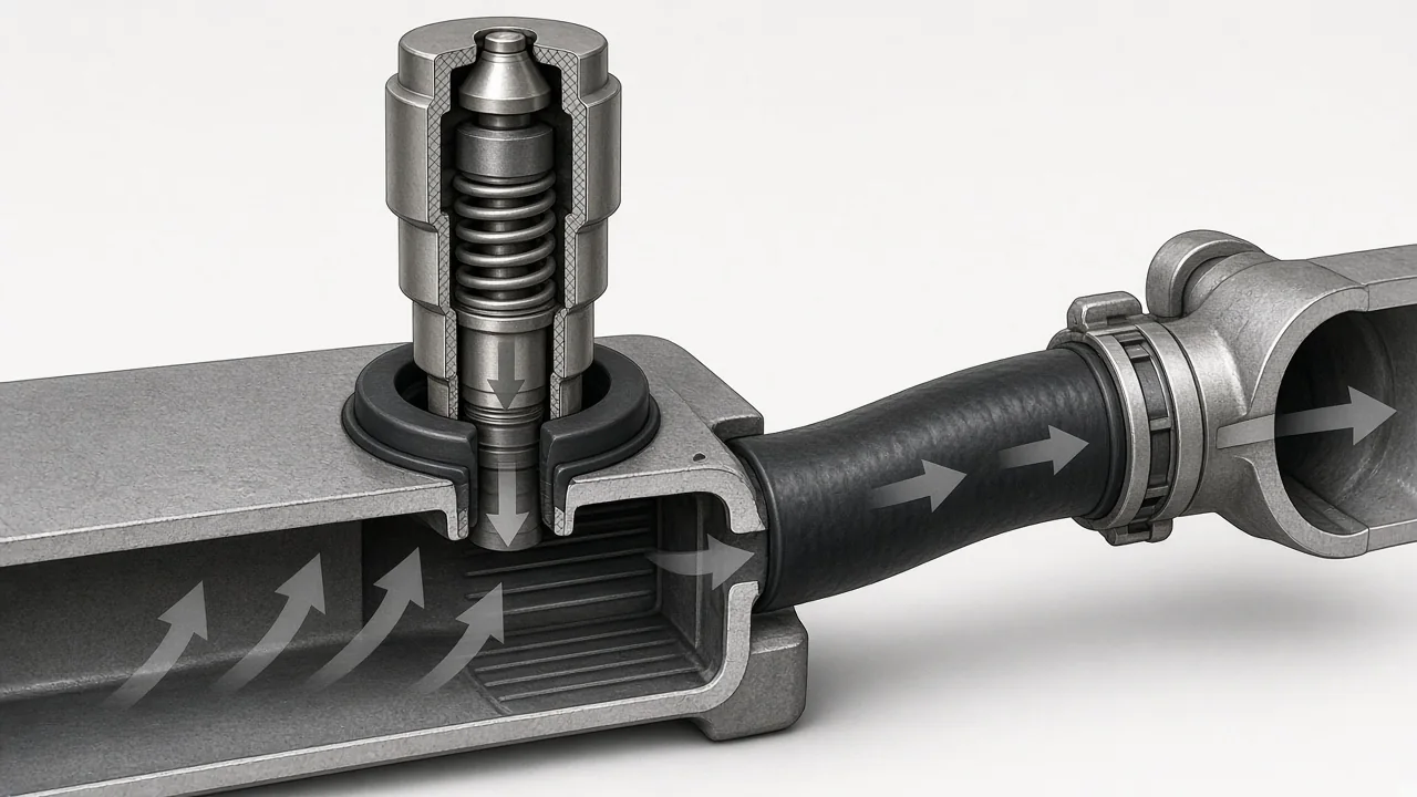 Cutaway illustration of a PCV valve in a valve cover showing the internal plunger and vapor flow toward the intake manifold