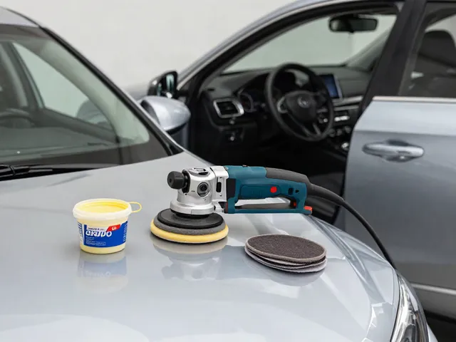 Orbital polisher with a soft wax application pad resting beside a clean car hood