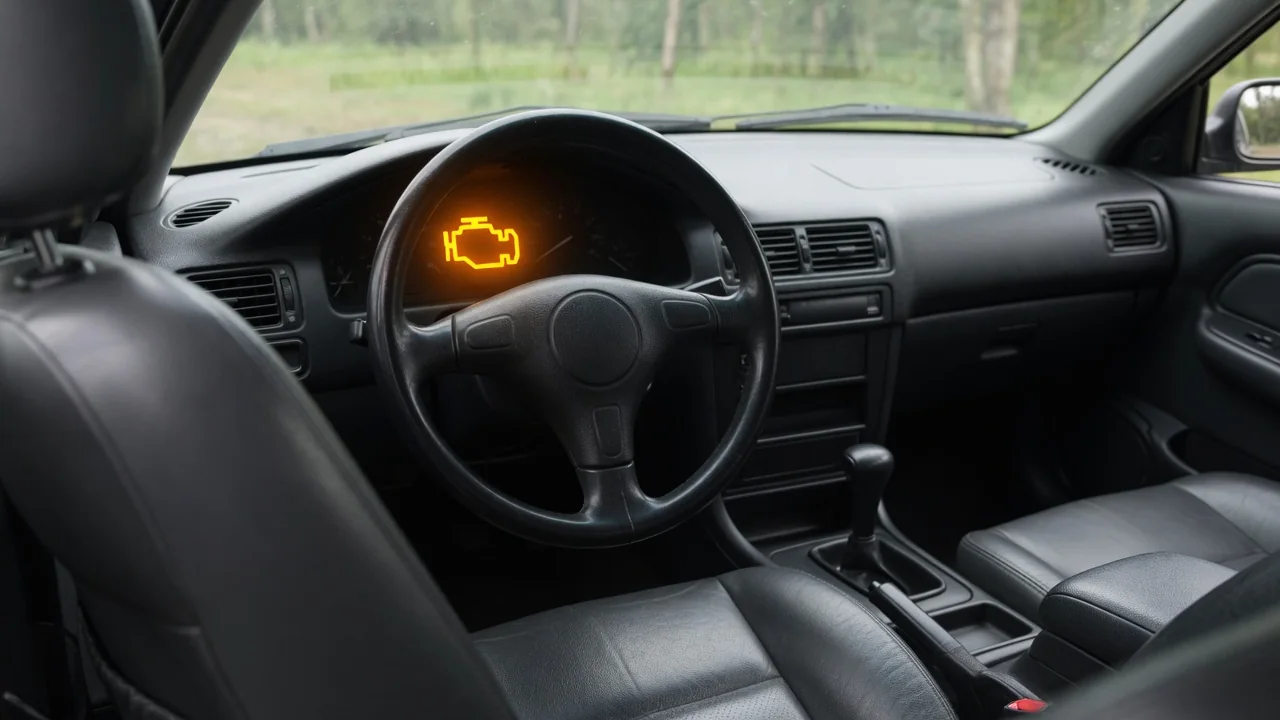 Illustration of a Hyundai Santa Fe dashboard with an illuminated check engine symbol