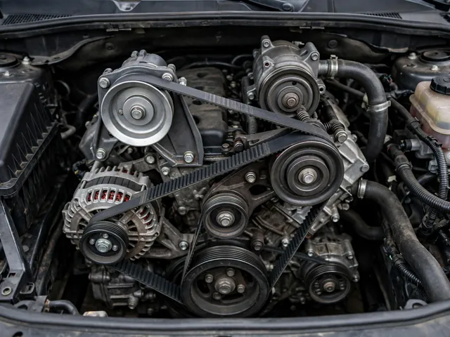 Stationary accessory belt and pulleys in an engine bay, with the engine off