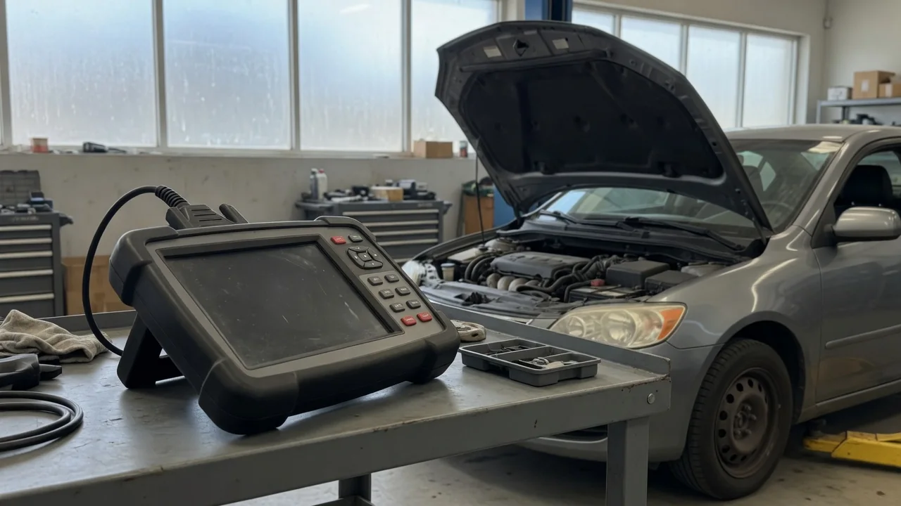 Diagnostic scan tool beside a vehicle with its hood open in an automotive workshop