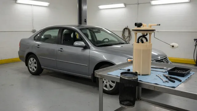 Illustration of an in-tank fuel pump module beside a BMW parked in a service bay
