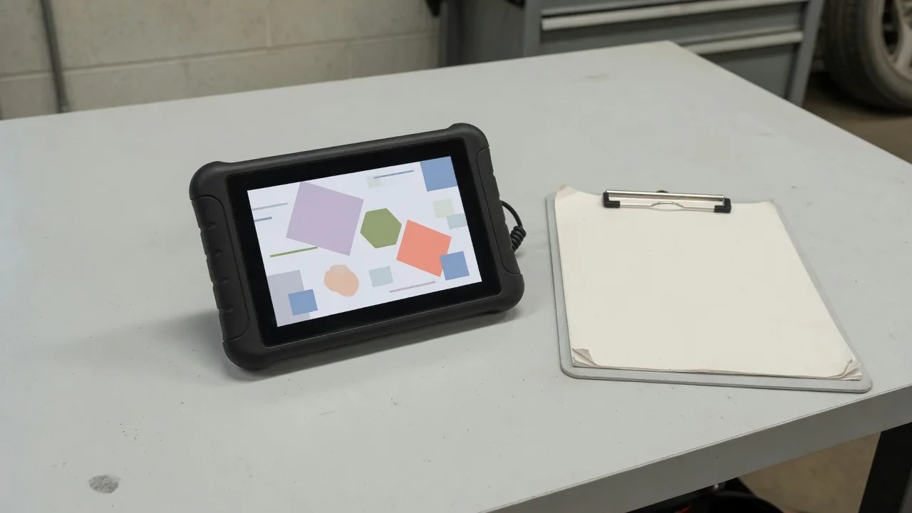 Diagnostic scanner displaying P1637 beside a vehicle identification checklist