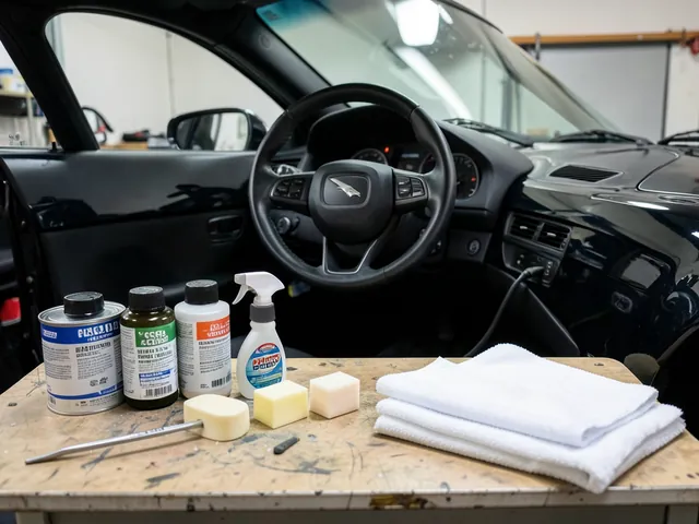 Unbranded car wax containers, foam applicators, and microfiber towels beside a clean painted car panel.