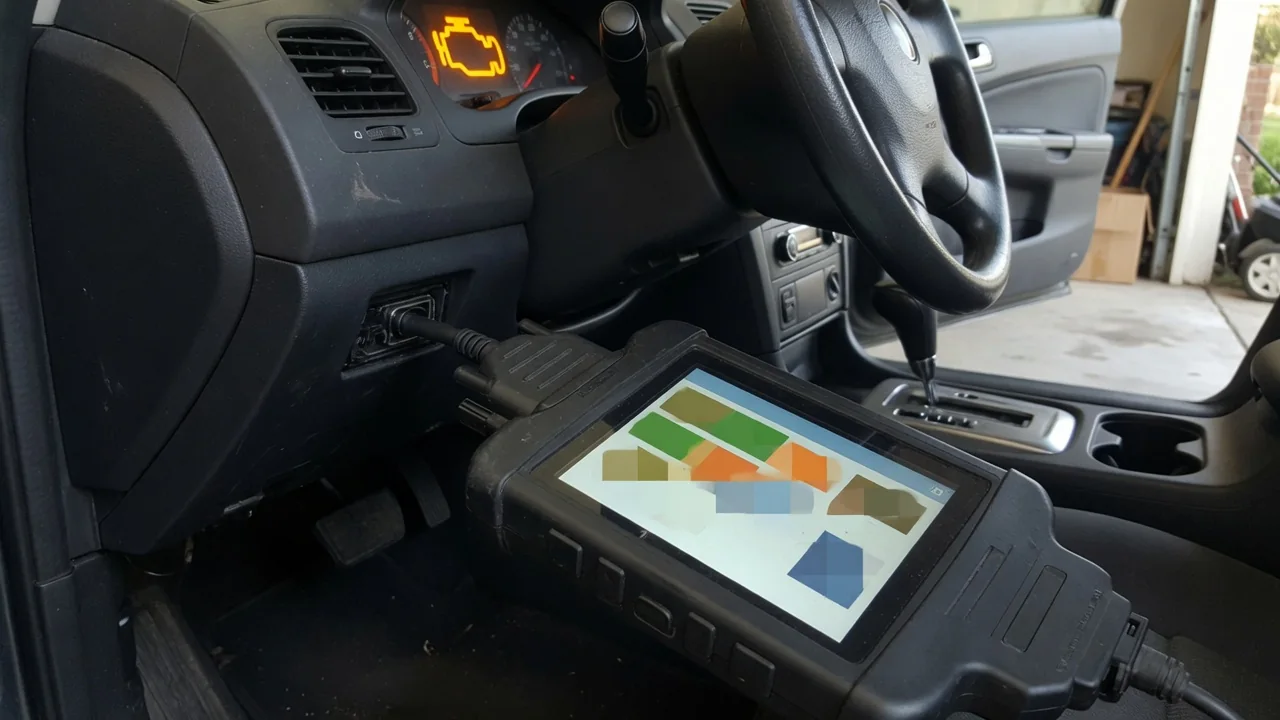 OBD-II scan tool plugged into a car's diagnostic port with the check engine light on in the dashboard