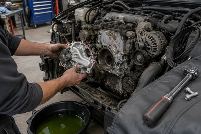 Mechanic fitting a new water pump and gasket to a car engine with the drive belt removed