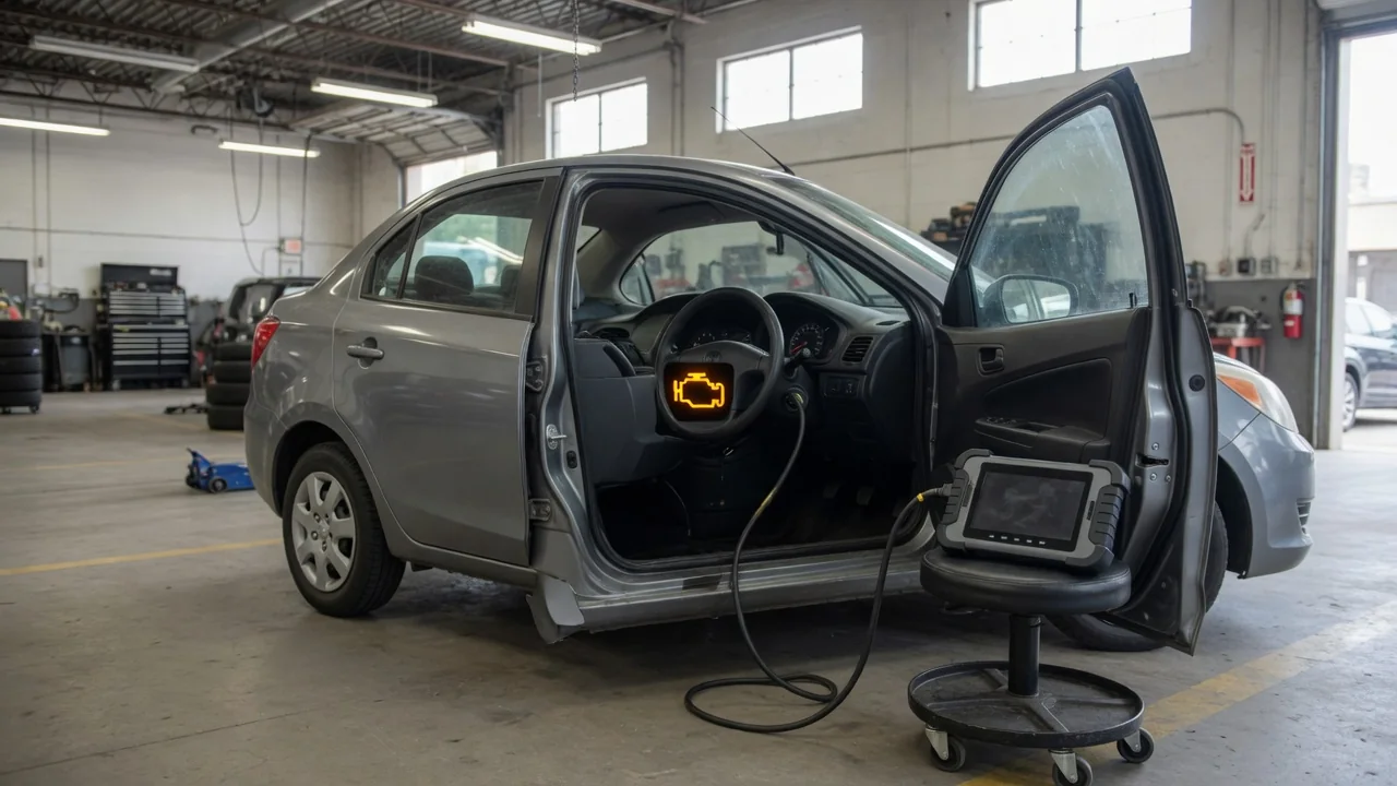 Diagnostic scanner beside a vehicle with a check engine light illuminated on the dashboard