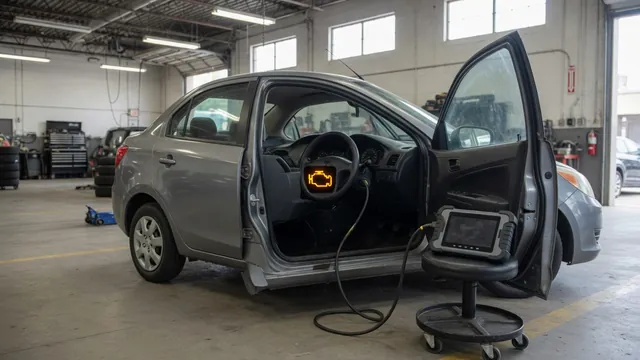 Diagnostic scanner beside a vehicle with a check engine light illuminated on the dashboard
