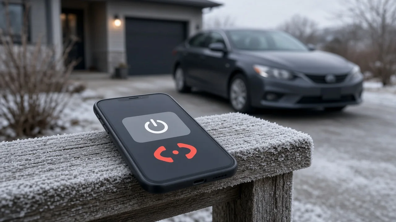 Smartphone app showing a failed remote start request in front of a parked car on a frosty morning