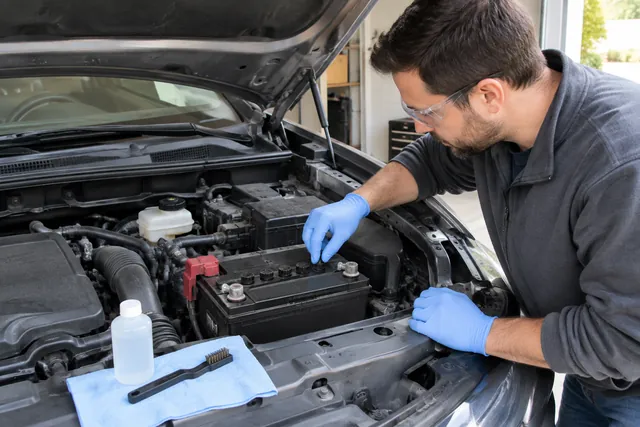 Person in safety glasses and gloves inspecting a car battery with distilled water and a terminal brush nearby