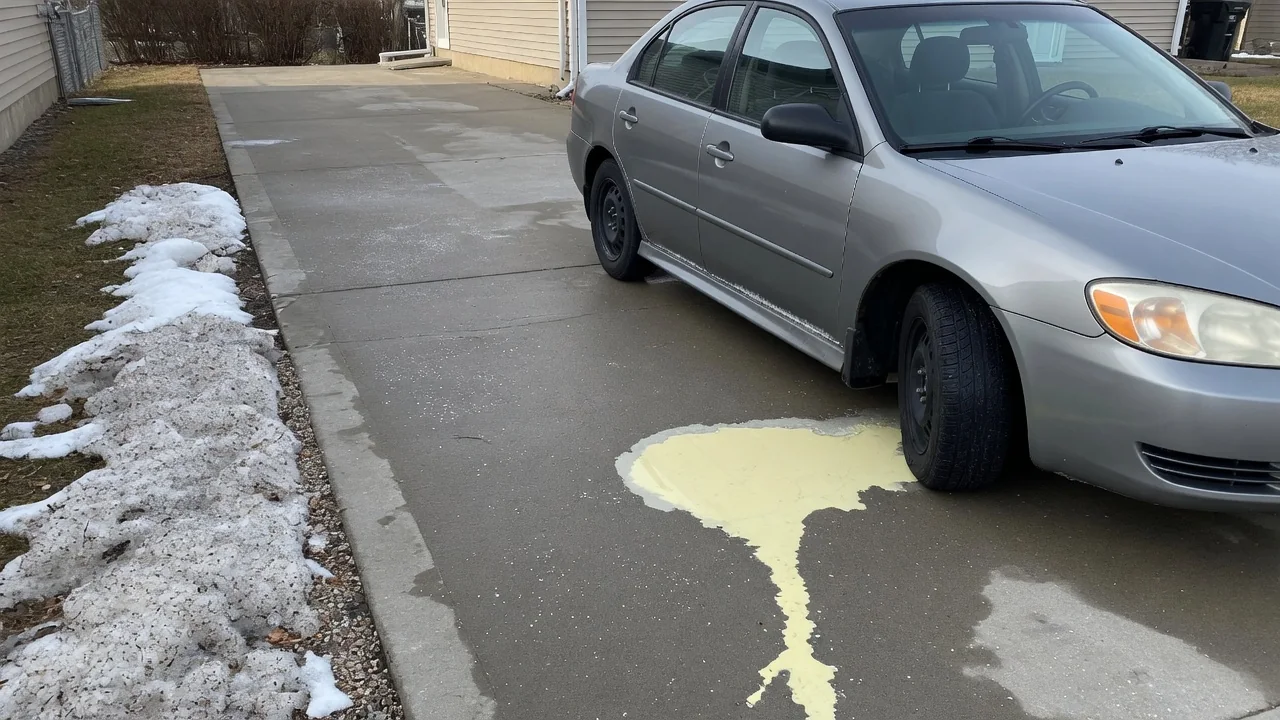 Pale yellow puddle beneath the front of a parked car beside a patch of snow