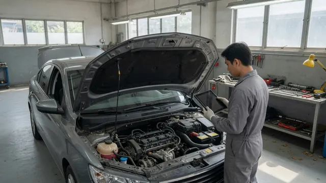 Technician reviewing diagnostic scan data beside a vehicle with its hood open