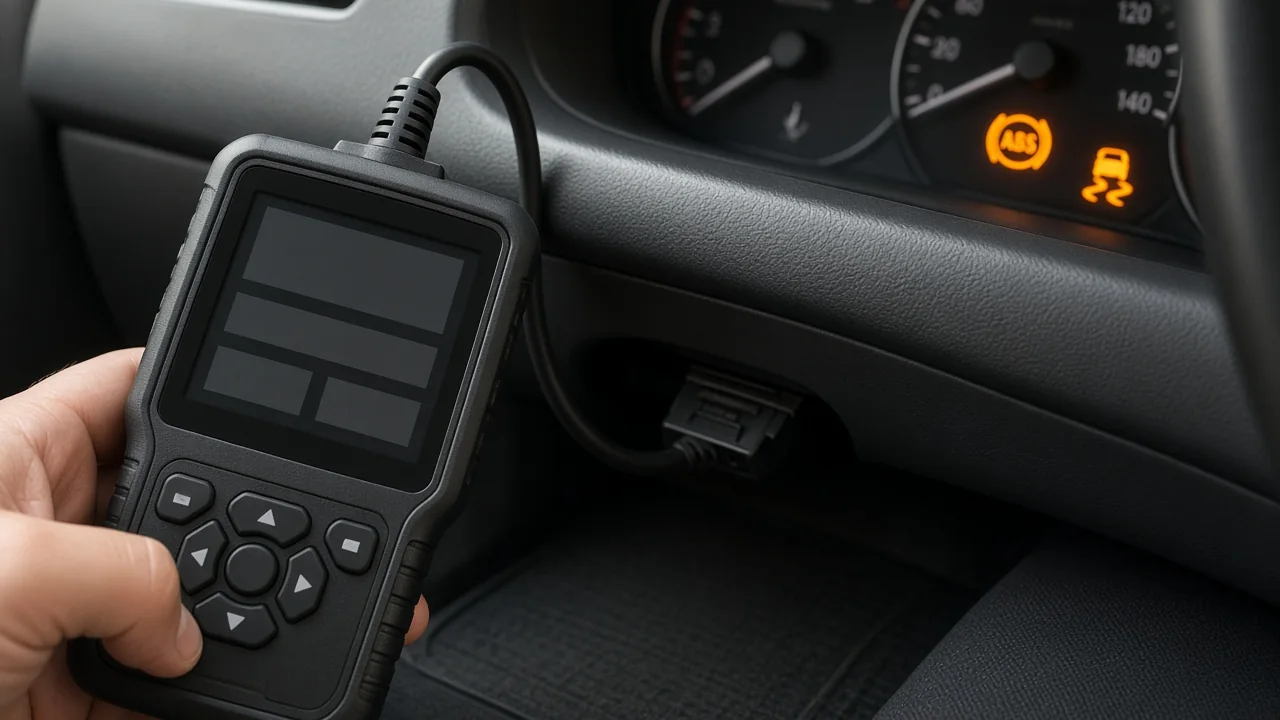 Diagnostic scan tool connected to a car's OBD-II port, with ABS and traction control warning lights on the dashboard