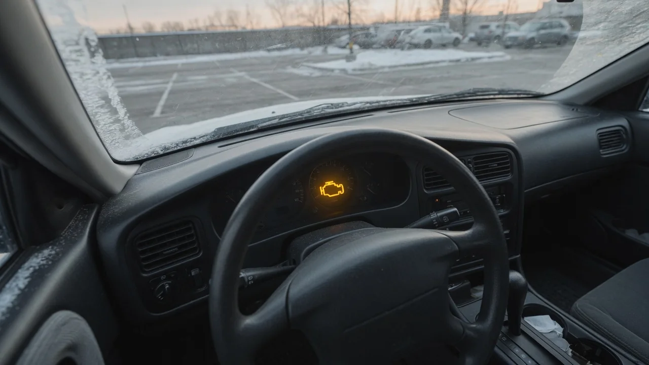 Illuminated check engine symbol on a dashboard with frost visible on the windshield